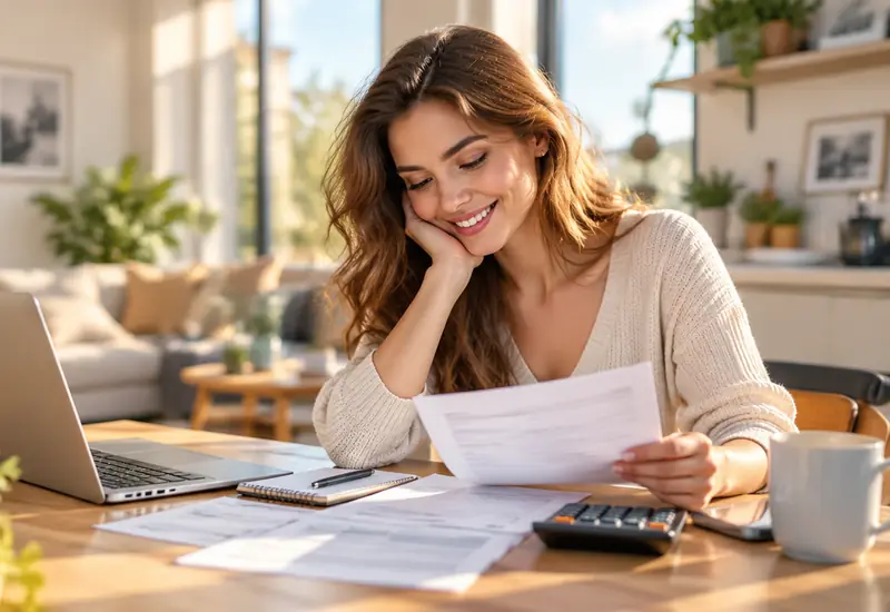 Smiling woman reviewing her loan terms at a sunny kitchen table